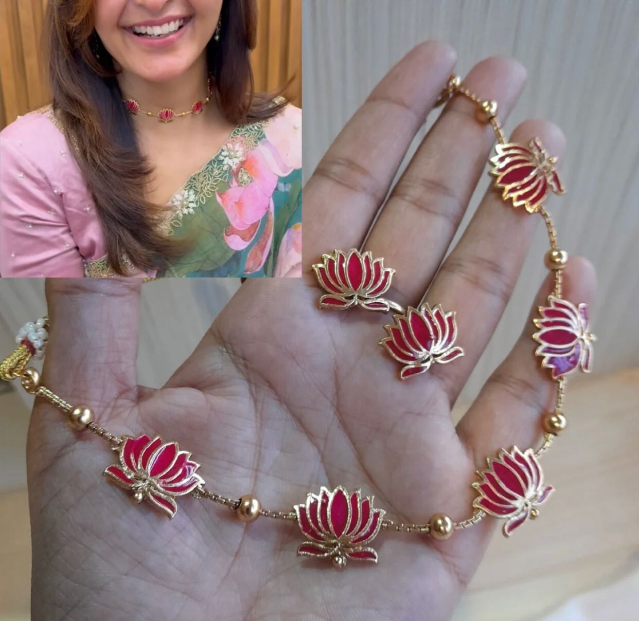 designer preium quality high gold plated meenawork pink lotus necklace with earring ir1nd0tmx6 2025 06 23 1.jpeg